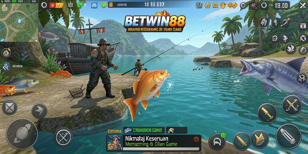 Tangkapan layar gameplay BETWIN88 dengan ikan yang beragam dan lokasi memancing yang indah.