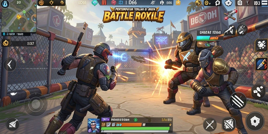 Screenshot gameplay ID66 menampilkan aksi pertempuran intens Battle Royale.