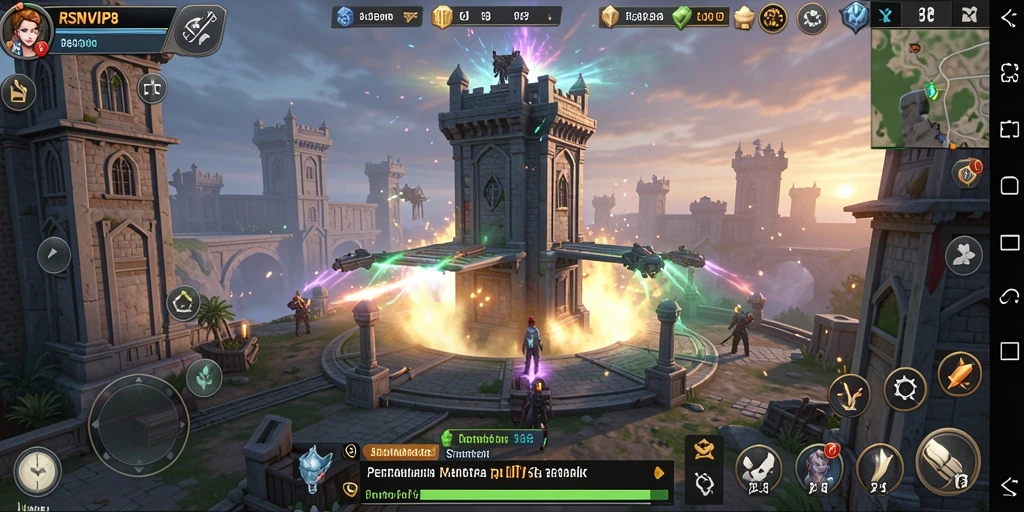 Screenshot gameplay RSNVIP8 yang menunjukkan pertahanan menara melawan gelombang musuh.