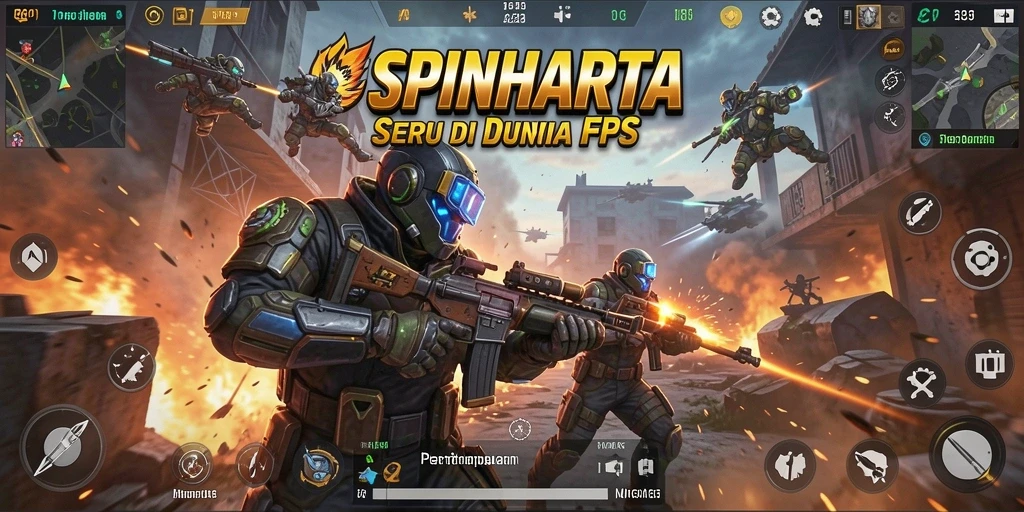 Tangkapan layar SPINHARTA menampilkan aksi pertempuran FPS yang mendebarkan.