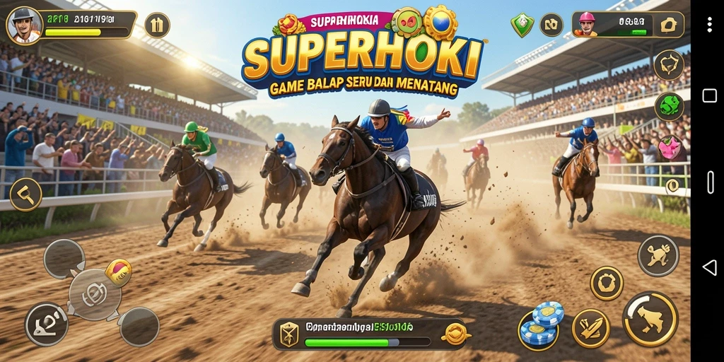 Gameplay balap seru dalam SUPERHOKI dengan mobil berkecepatan tinggi.