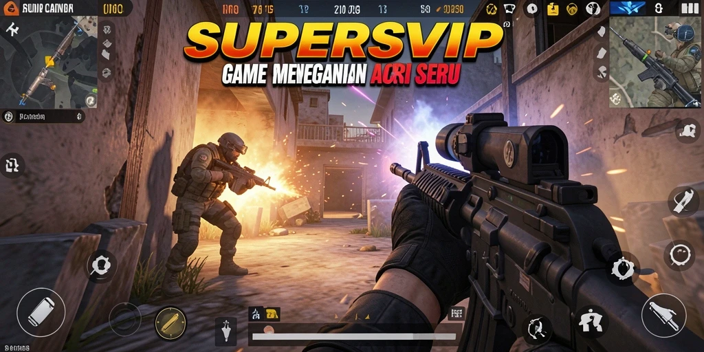 Gameplay intens SUPERSVIP dengan aksi tembak menembak seru.