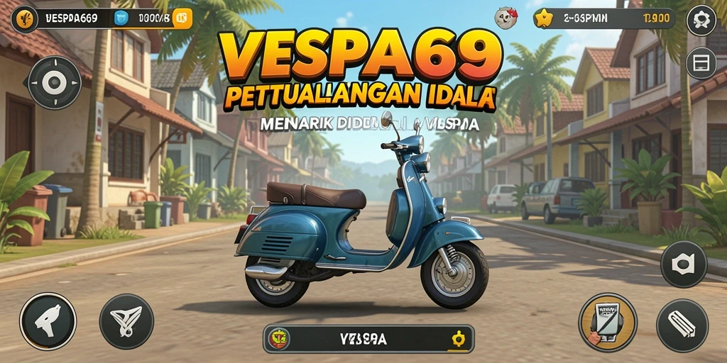 Tampilan gameplay VESPA69 yang menawan dengan Vespa dan lokasi eksotis.