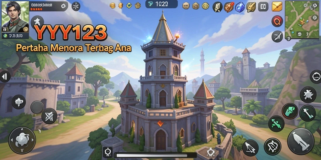 Screenshot YY123 menampilkan aksi seru dalam pertahanan menara.